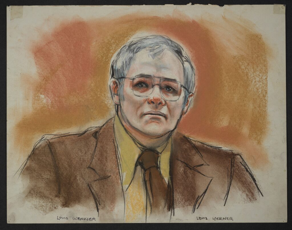 Former Lufthansa employee and heist inside man Louis Werner is illustrated in this courtroom sketch. Werner remains the only person connected to the Lufthansa heist to serve time. University of Virginia Law Special Collections