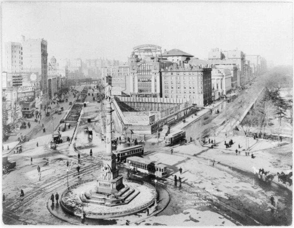 The 77-foot monument in the center of Columbus Circle in New York is topped with a 13-foot granite sculpture of Christopher Columbus. Baron Fava, having returned to his ambassadorship after the 1891 conflict, delivered a speech at its unveiling on America’s first official Columbus Day. Library of Congress