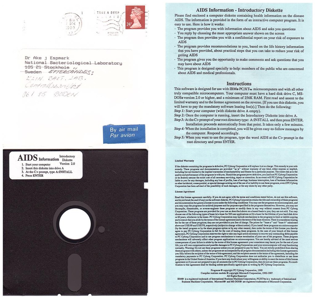 In 1989, the world’s first ransomware arrived in European mailboxes in the form of a floppy disk. The AIDS Trojan prevented users from accessing their files unless they mailed $189 to a P.O. Box in Panama. Ollie Gustavsson