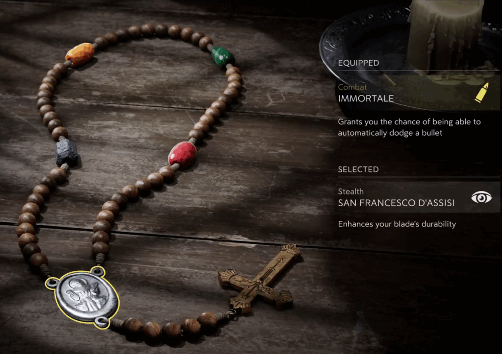 The upgrade system in The Old Country is based on the Catholic rosary. As Enzo explores the lands around San Celeste, he finds beads and medallions to put in the rosary that allow him to carry more ammunition or move more quietly in stealth sequences. 2K Games