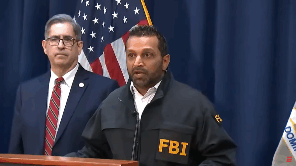FBI Director Kash Patel, right, held a press conference today announcing two indictments related to rigged poker games and NBA game fixing. U.S. Attorney Joseph Nocella Jr., left, gave more details about the case. ESPN / Federal Bureau of Investigation