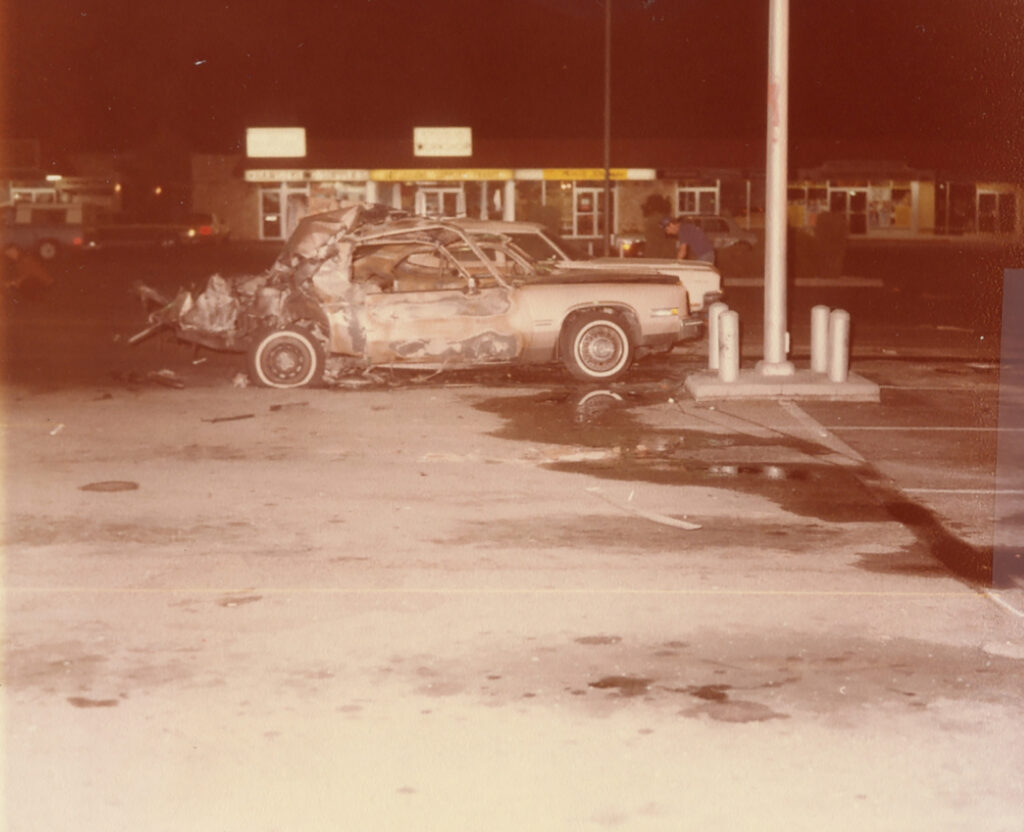 Although the film depicted Rothstein’s car exploding in downtown Las Vegas, the real location of the Rosenthal bombing was outside a Tony Roma’s restaurant on Sahara Avenue. This polaroid from police evidence shows the aftermath. The Mob Museum Collection.