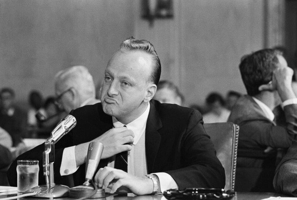 Frank “Lefty” Rosenthal appears with a defiant look before the Senate Investigations Subcommittee on September 8, 1961. He pleaded the fifth dozens of times during questioning. Corbis