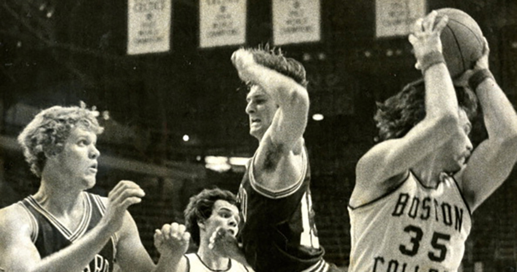 Organized crime has been involved in point shaving for decades. During this game against Harvard on December 16, 1978, Boston College player Rick Kuhn, right, conspired with Lucchese crime family associate Henry Hill to ensure that Boston won, but not by too much. Janet Knott/The Boston Globe via Getty Images