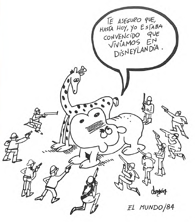 In this cartoon with one of Escobar’s hippos, the hippo says to the giraffe, “I assure you, until today, I was convinced we lived in Disneyland.” The Mob Museum Collection