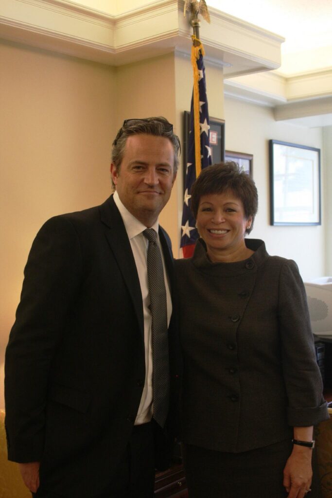 In May 2013, Matthew Perry joined Valerie Jarrett, a senior advisor to President Barack Obama, to share his personal drug addiction story at an event to increase awareness about drug courts and reducing substance abuse. National Archives