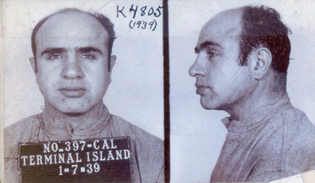 Capone, pictured here in 1939, spent most of his prison sentence at Alcatraz Federal Penitentiary, where he began to suffer diminished mental capacity from his advanced syphilis. He was transferred to Terminal Island in 1939 and later that year was released into his family’s care. Federal Bureau of Investigation