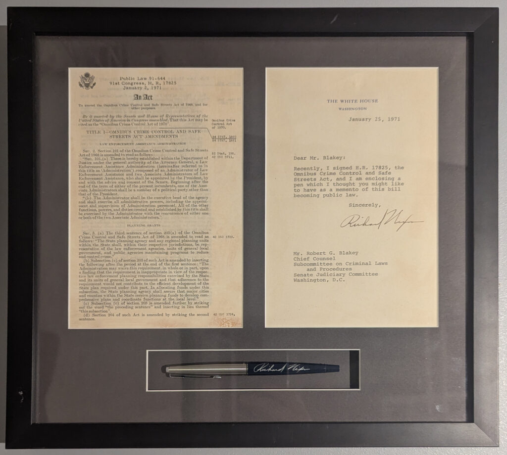 In 2024, Blakey donated this copy of the Omnibus Crime Control and Safe Streets Act, which includes the RICO Act, to The Mob Museum. Included is President Richard Nixon’s signature and the pen he used to sign the legislation into law. The Mob Museum Collection