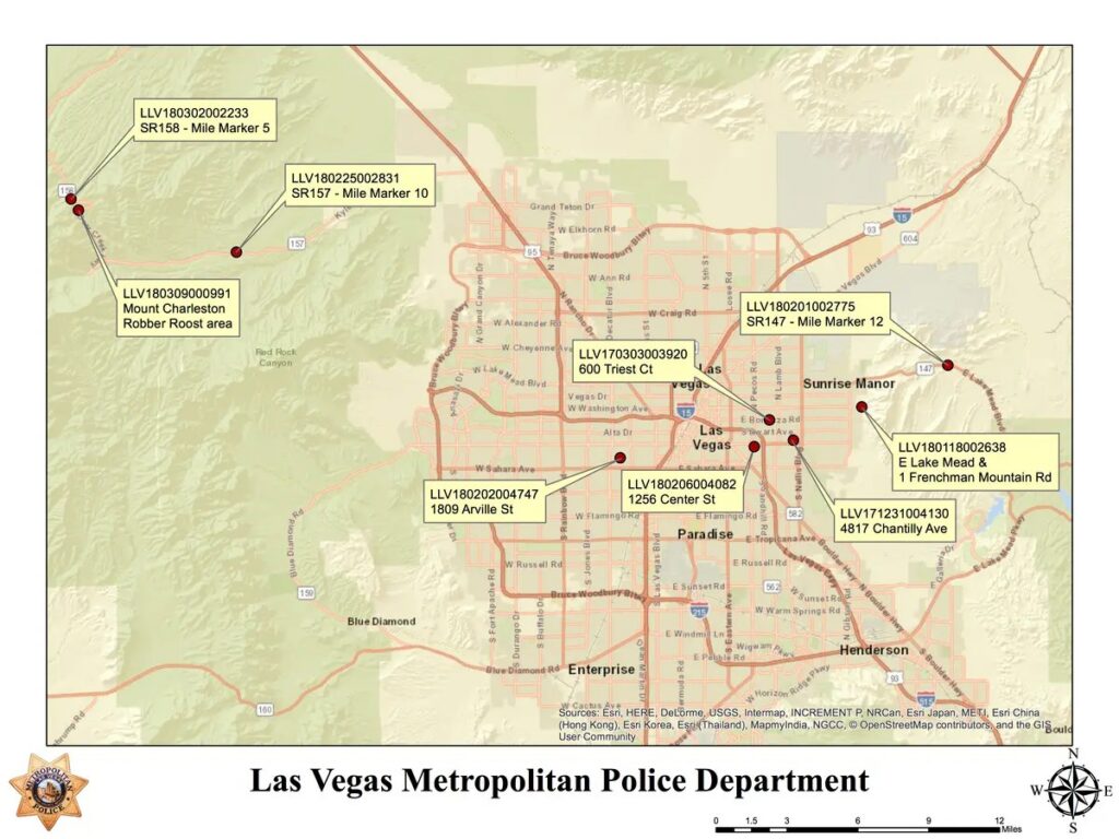 A map shows the locations of nine murders committed by MS-13 members in Las Vegas. Six of the nine victims were kidnapped, taken to the city’s outskirts, and brutally murdered. Las Vegas Metropolitan Police Department