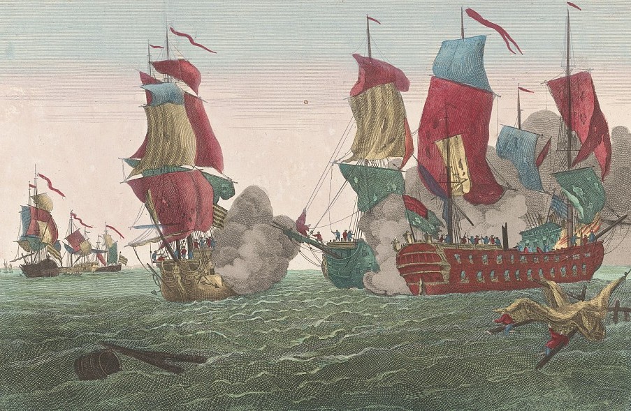 This late 18th-century illustration depicts the Bonhomme Richard, a ship captained by John Paul Jones, in a battle with the Serapis, a British ship. Throughout his naval career, Jones skirted the boundaries between pirate, privateer, and naval officer. Library of Congress