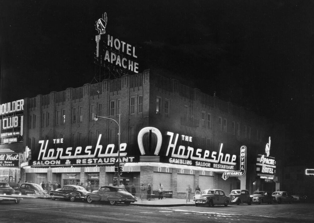 The Horseshoe Club opened in 1951. Despite not having a casino license, Binion still called the shots. Special Collections and Archives, University Libraries, University of Nevada, Las Vegas