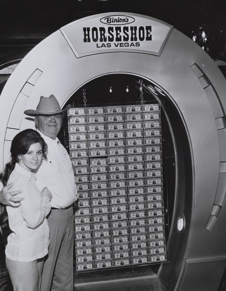 Binion and his daughter, Becky, stand in front of the $1 million display, one of the Horseshoe’s few tourist attractions. Special Collections and Archives, University Libraries, University of Nevada, Las Vegas