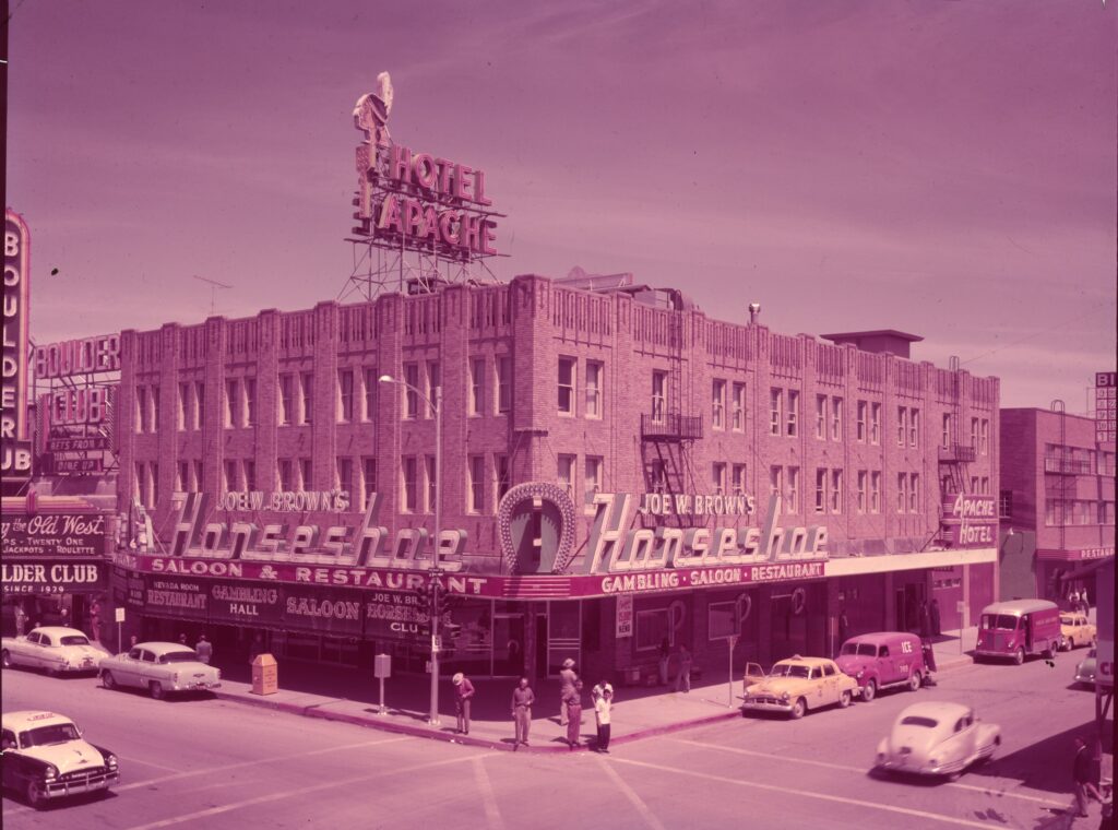 After Joe W. Brown purchased the shares from Binion, he added his name to the Horseshoe. Brown’s name came down after the Binion family bought back the casino in 1964. Special Collections and Archives, University Libraries, University of Nevada, Las Vegas