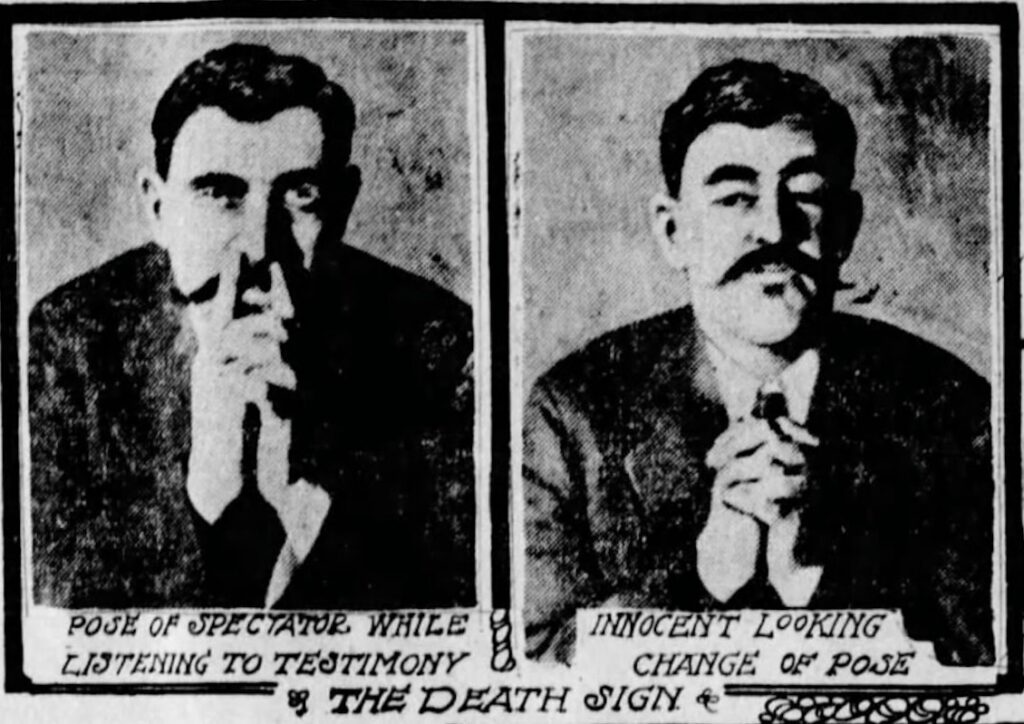 These side-by-side photos from 1908 in the Muncie Sunday Star capture a courtroom spectator’s demeanor shifting as he listens intently. The author of the article alleged that the man was a Black Hand agent giving the “death sign” to coerce a witness into not testifying. Muncie Sunday Star